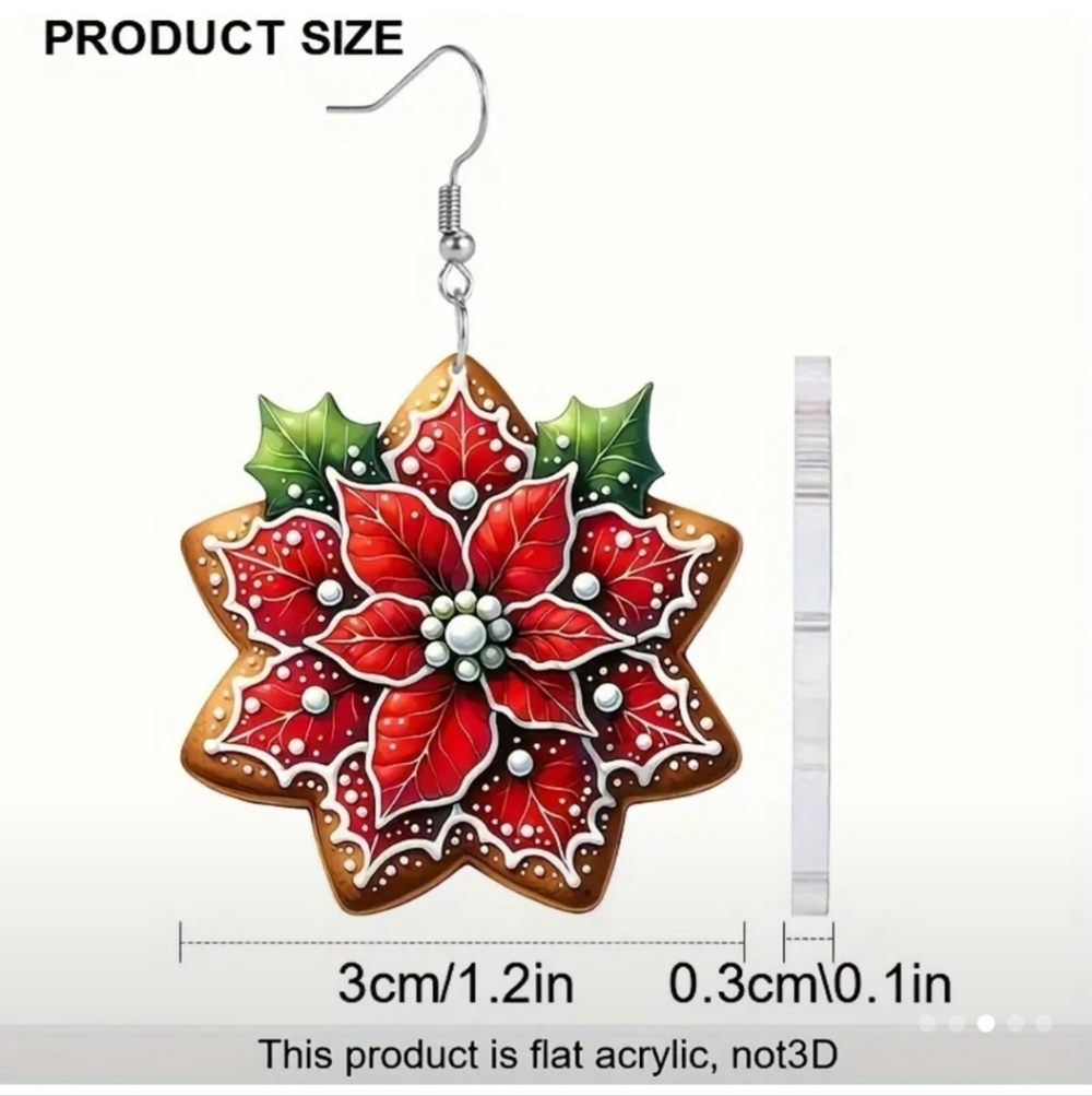 ICED Gingerbread Cookie Pointsettia Earrings Zinc Alloy Post - Picture 2 of 3